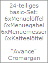 24-teiliges
basic-Set:
6xMenuel�ffel
6xMenuegabel
6xMenuemesser
6xKaffeel�ffel

"Avance"
Cromargan
