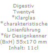 Digestiv
Twenty4
*Klarglas
*charakteristische
Linienf�hrung
*f�r Designkenner
(BxH) 55x170 mm
Inhalt: 11cl