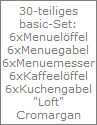 30-teiliges
basic-Set:
6xMenuel�ffel
6xMenuegabel
6xMenuemesser
6xKaffeel�ffel
6xKuchengabel
"Loft"
Cromargan